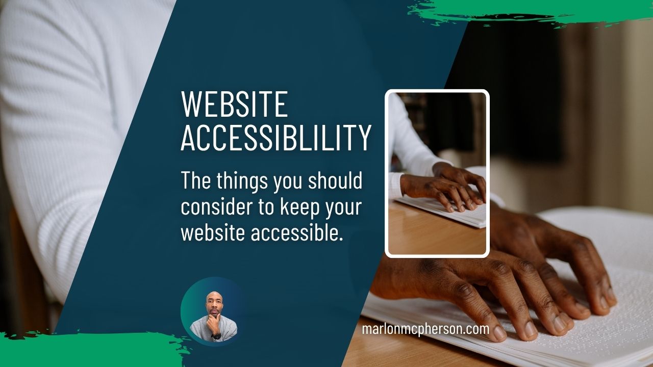Image with hands reading braille and text graphic saying website Accessibility